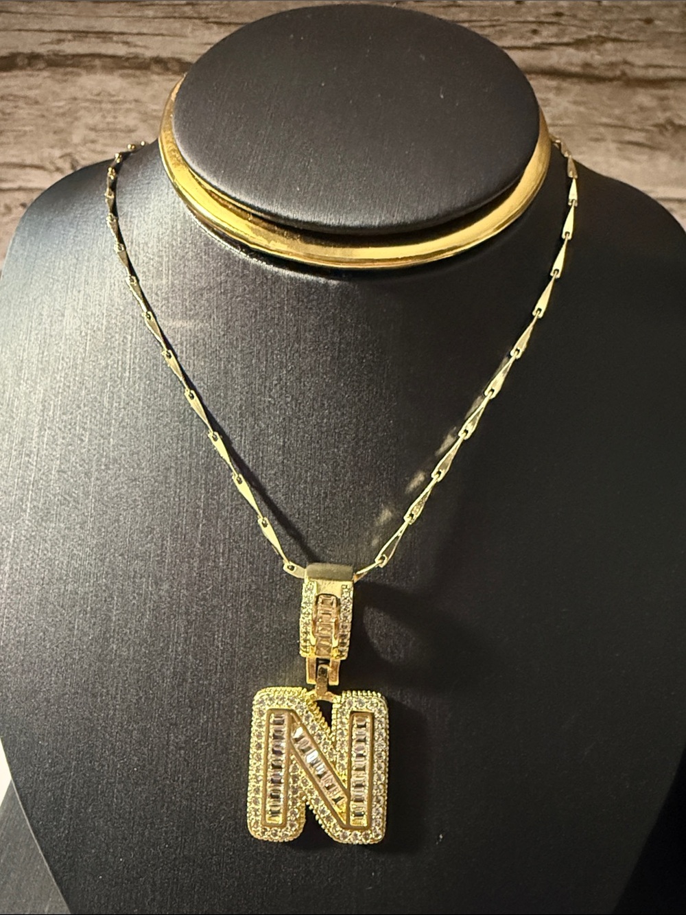 Gold Plated Iced Out Initial 'N' Pendant Necklace - Women's Jewelry